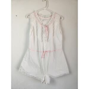 Vintage Eve Stillman Romper Pajama White Pink Ribbon Size Small Cotton